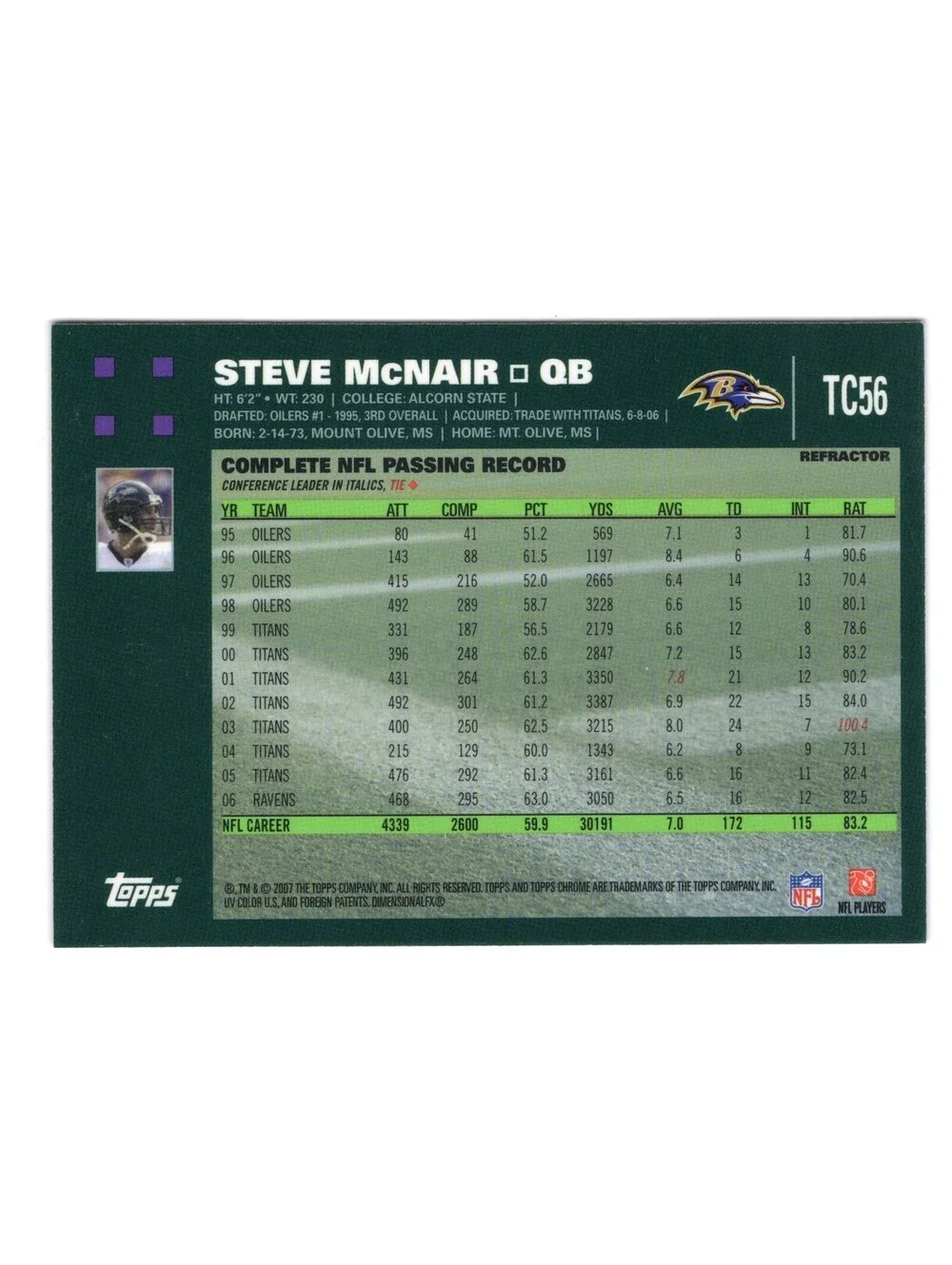 2007 Topps Chrome Steve McNair #TC56 Refractor